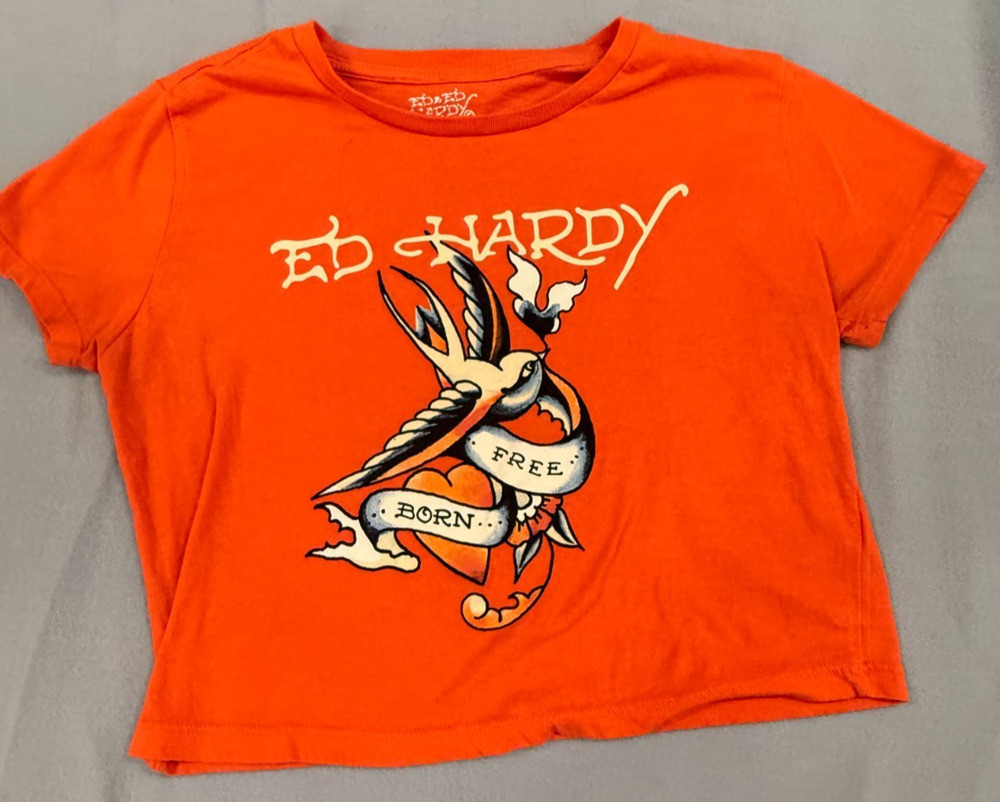 Ed Hardy Top Womens XL Orange Short Sleeve Born Free Tattoo Graphic Cropped Tee